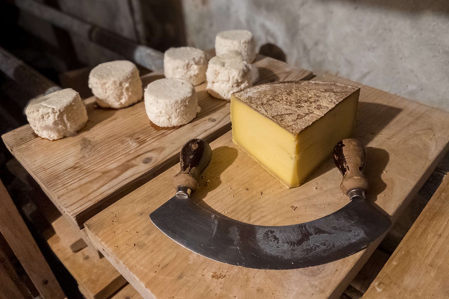 Auf einem hölzernen Käsebrett liegen mehrere kleine, runde Frischkäse-Laibe sowie ein grösseres Stück Hartkäse mit brauner Rinde und gelbem Teig. Davor ein traditionelles zweigriffiges Käsemesser mit Holzgriffen. Die Szene spielt in einem kühlen, rustikalen Reifekeller mit Natursteinwand. Auf einem hölzernen Käsebrett liegen mehrere kleine, runde Frischkäse-Laibe sowie ein grösseres Stück Hartkäse mit brauner Rinde und gelbem Teig. Davor ein traditionelles zweigriffiges Käsemesser mit Holzgriffen. Die Szene spielt in einem kühlen, rustikalen Reifekeller mit Natursteinwand.