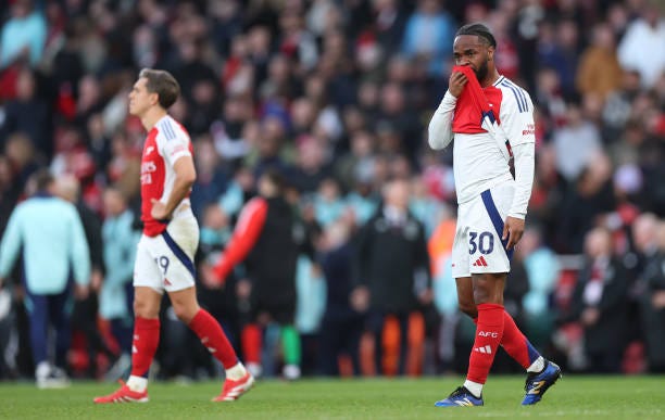 Raheem Sterling of Arsenal looks dejected after the Premier League match between Arsenal FC and West Ham United FC at Emirates Stadium on February...