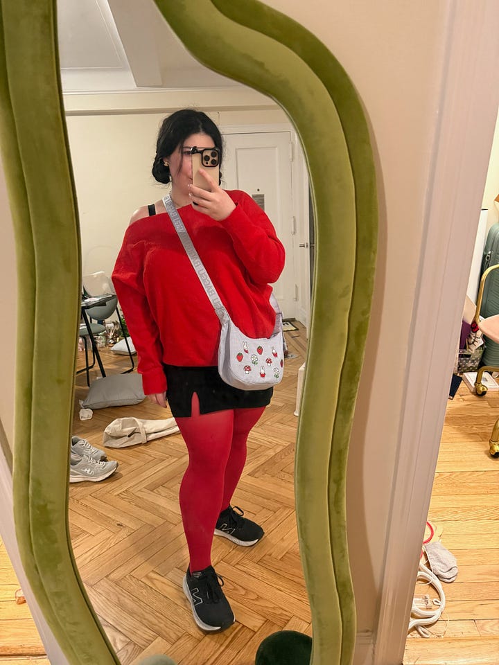 seven different outfit photos taken in front of a mirror