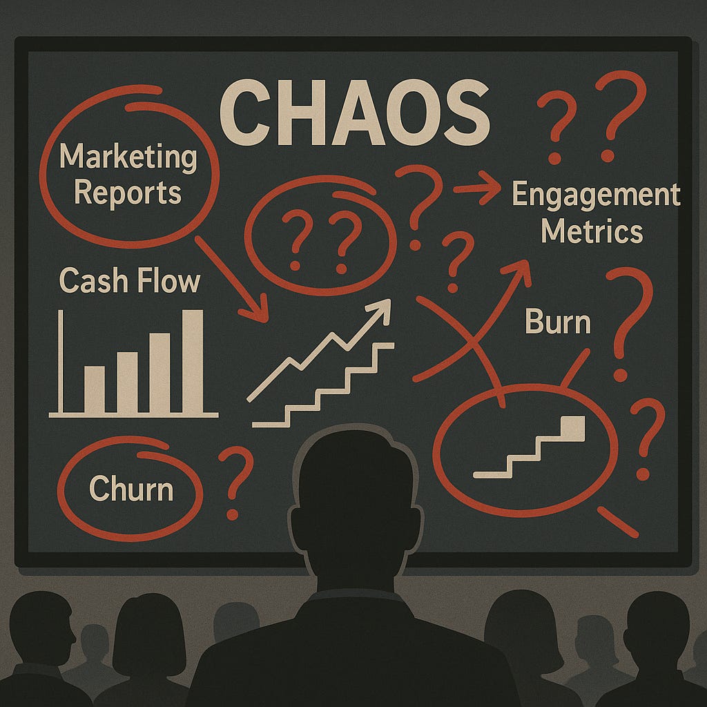 Illustration showing startup founders facing chaotic metrics like marketing reports, cash flow, churn, burn, and engagement data.