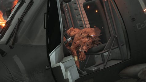 Red XIII attacks the helicopter pilots and later is found wounded and unconcious.