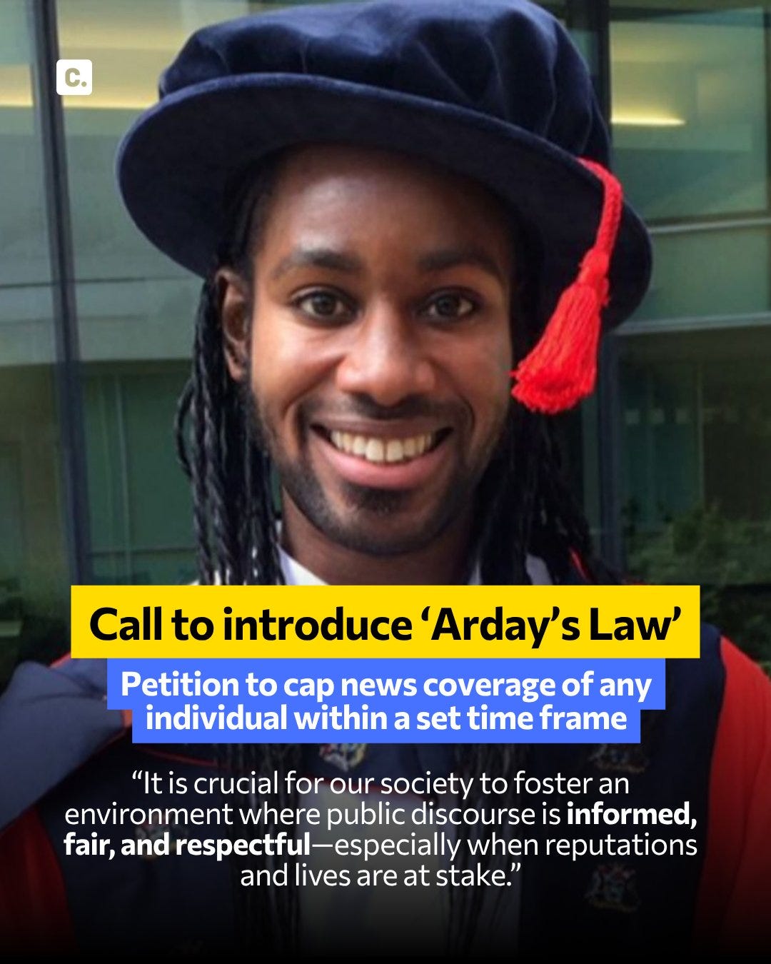 Person in academic gown and hat with text about Arday's Law.