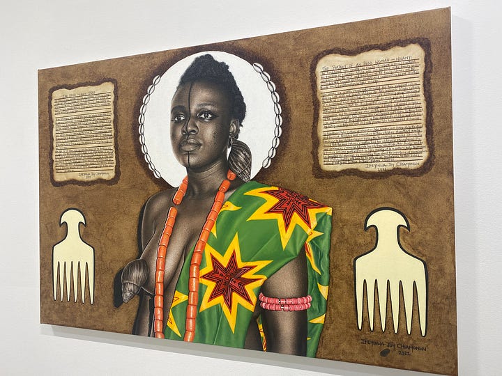All artwork featured in this essay is by Ifeyinwa Joy Chiamonwu, whose work I first encountered years ago in a New York gallery and never forgot. Her pieces hold the kind of ancestral weight and emotional precision that align deeply with the themes of this series. Please support her work.