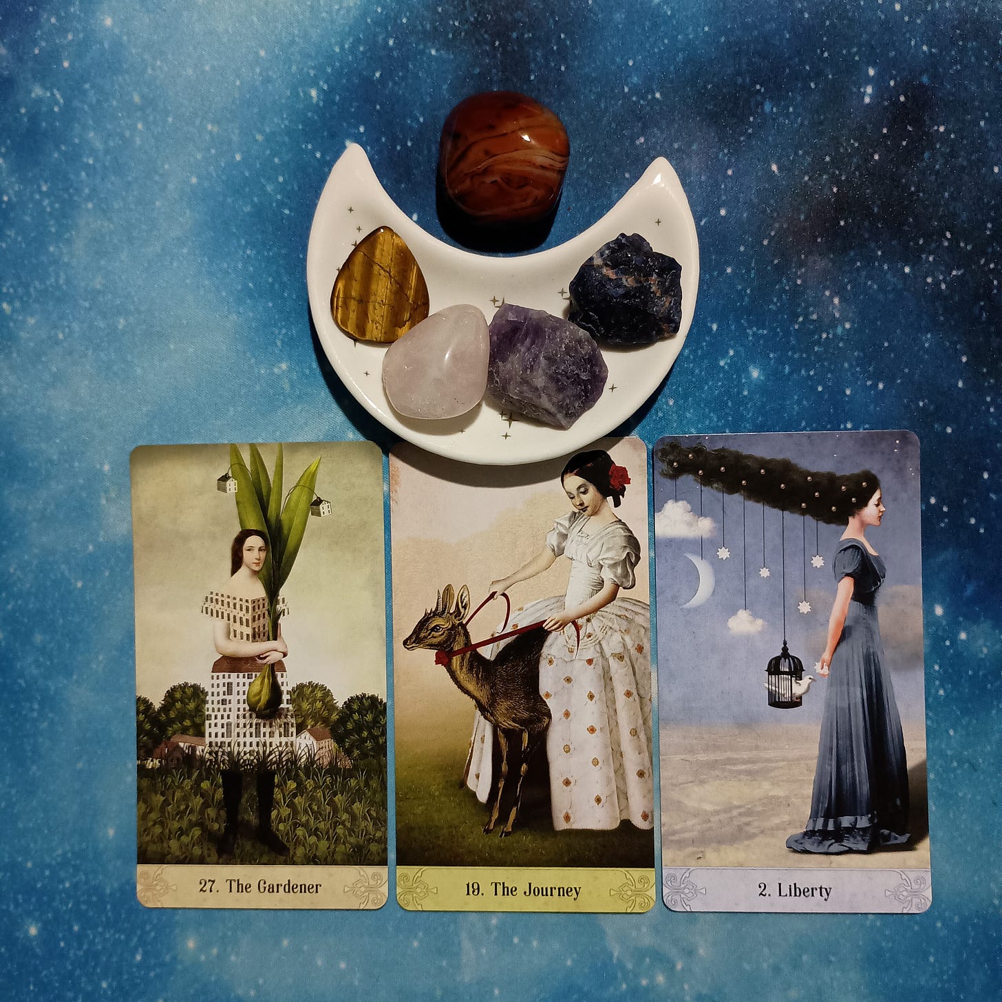 Make Friends With Yourself! A Message From the Universe, 3 Oracle of Mystical Moments cards and crystals on a starry blue background