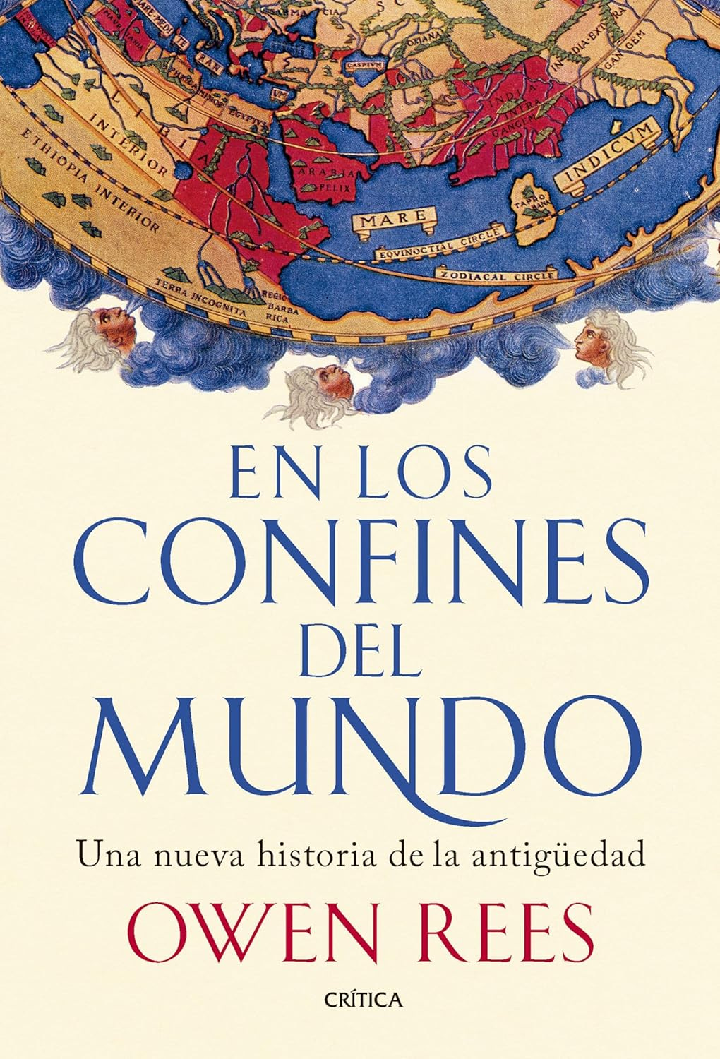 Book cover with Spanish title. The top part is a colourful, stylised map of the mediterranean and north Africa; the bottom half is a blue title script on a cream background.