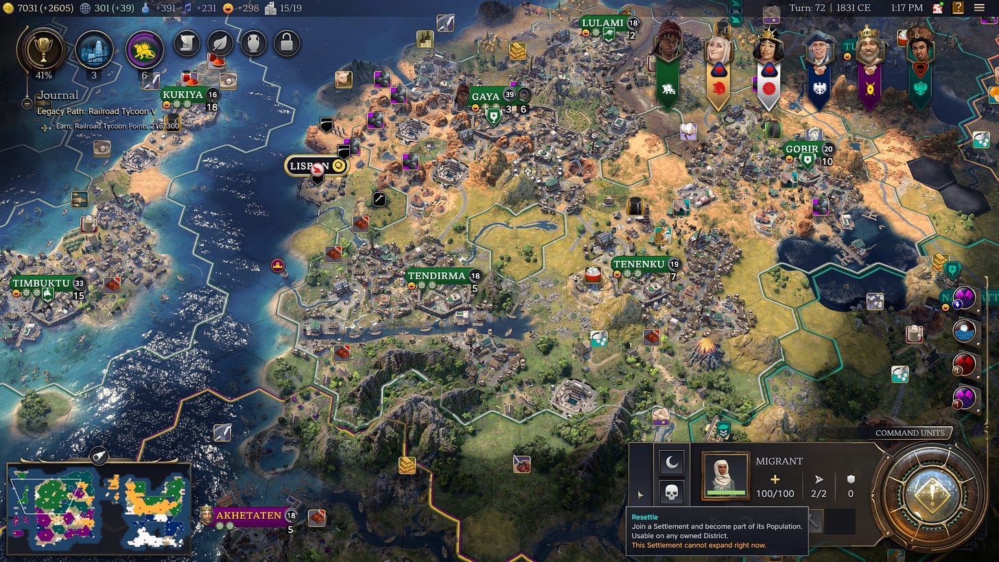 Civ 7 gameplay screenshot of multiple cities, with a migrant selected