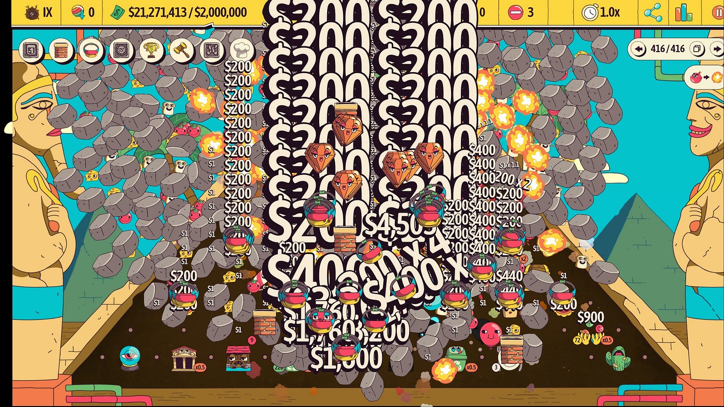 A Pyramid run with a crazy number of boulders spawning, increased by Topaz. The screen is shaking from the amount of items spawned that a black void behind is visible on the left.