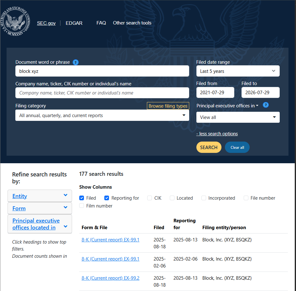 SEC EDGAR website showing the search results for financials reported by Block XYZ. SEC EDGAR website showing the search results for financials reported by Block XYZ.