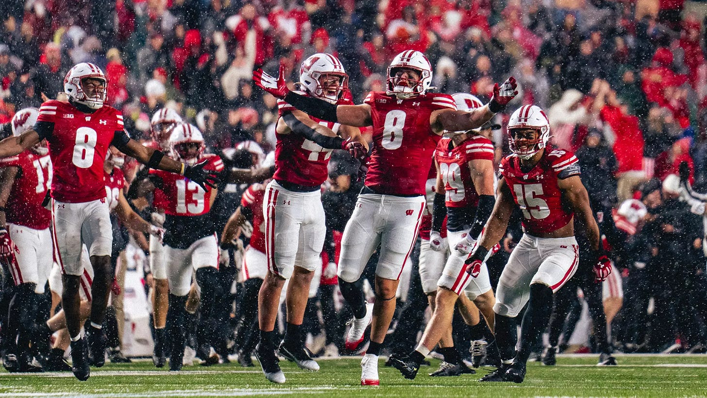 Wisconsin Badgers linebackers Mason Posa and Cooper Catalano celebrate together on the field following a big defensive play.