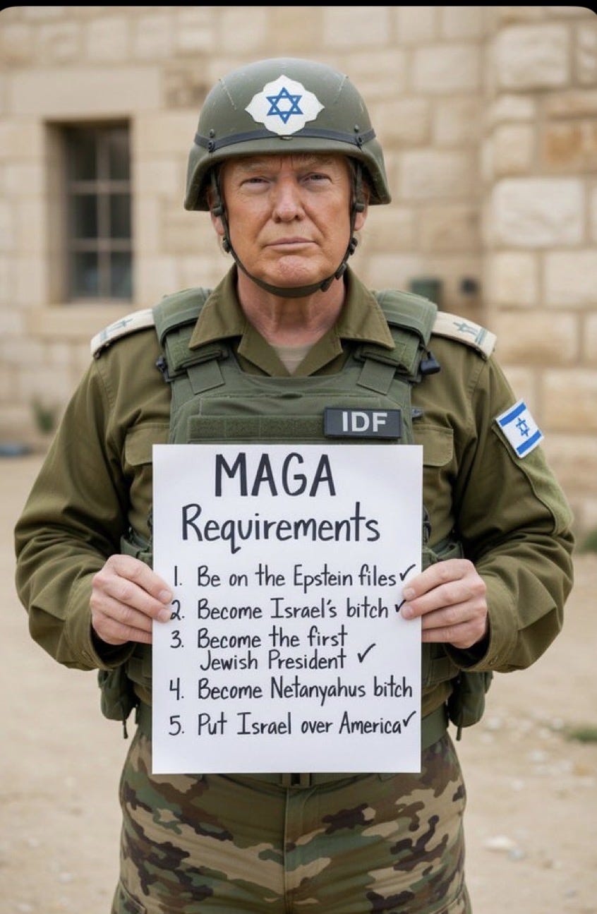A man in the uniform of the Israeli Defense Forces holds a sign that reads "MAGA demands". A man in the uniform of the Israeli Defense Forces holds a sign that reads "MAGA demands".