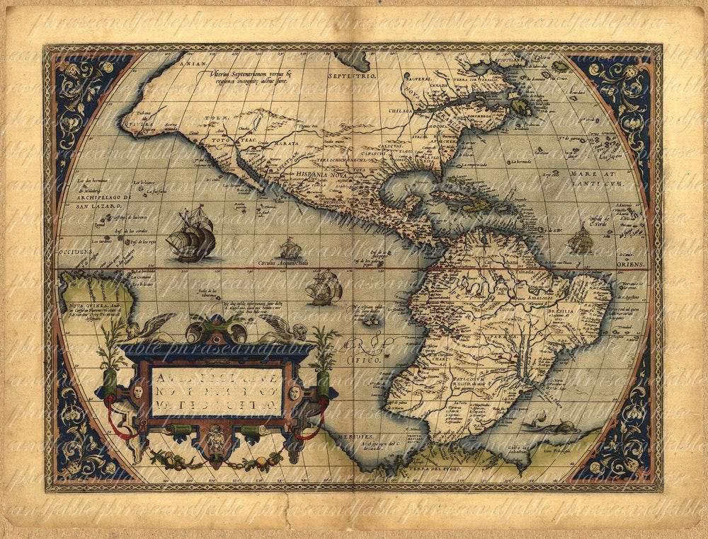 Map of the Americas From the 1500s 096 North America South America West Ancient Antique Digital ...