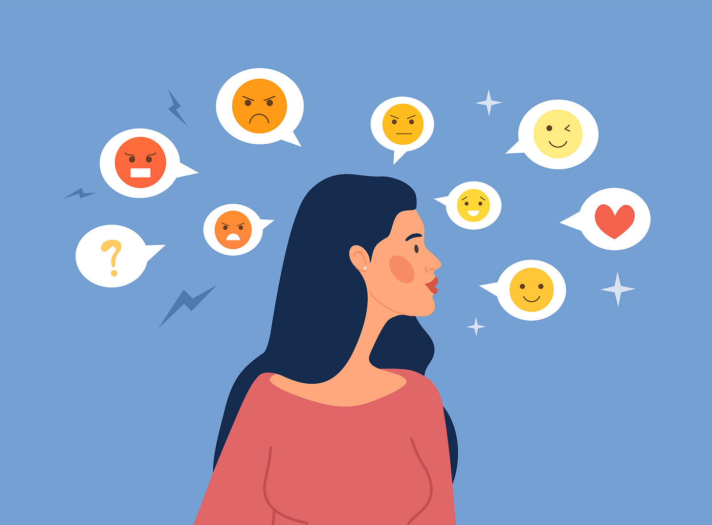 Cartoon woman with many different emotion laden bubbles around her