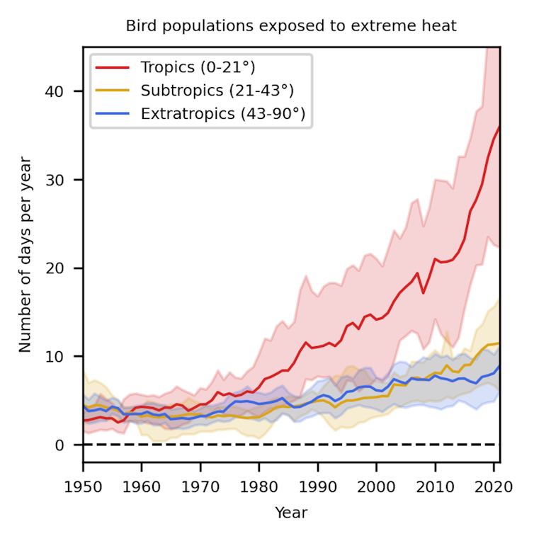 A chart showing the number of very hot days per year over time for the tropics (steep increase), subtropics and extratropics A chart showing the number of very hot days per year over time for the tropics (steep increase), subtropics and extratropics