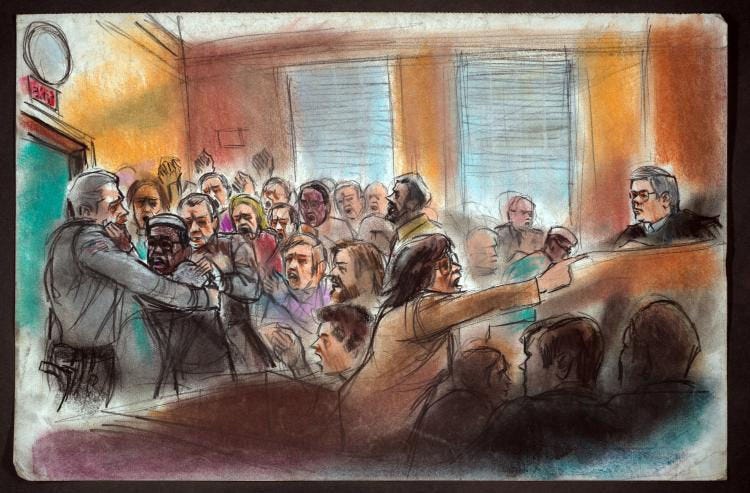 Members of the BLA and Weather Underground make a scene on trial for armed robbery