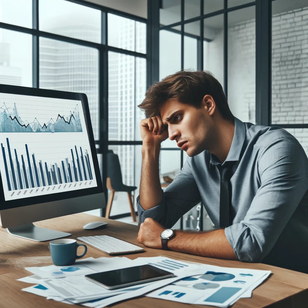 A frustrated young man in a business casual outfit sitting at a desk in an office, looking at a computer screen displaying graphs and numbers. His expression is one of exhaustion and disappointment. The office has a modern design, with a glass window showing a cityscape in the background. Papers and a coffee mug are scattered on the desk. The image conveys a sense of overwhelming work pressure and unattainable goals.