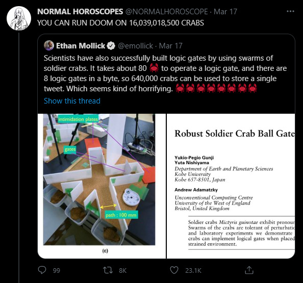 A user reacts to a tweet about scientists constructing logic gates out of crabs. A user reacts to a tweet about scientists constructing logic gates out of crabs.