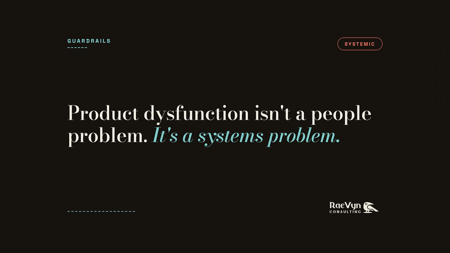 Dark hero graphic with the headline "Product dysfunction isn't a people problem. It's a systems problem," tagged Guardrails and Systemic, with the RaeVyn Consulting logo.