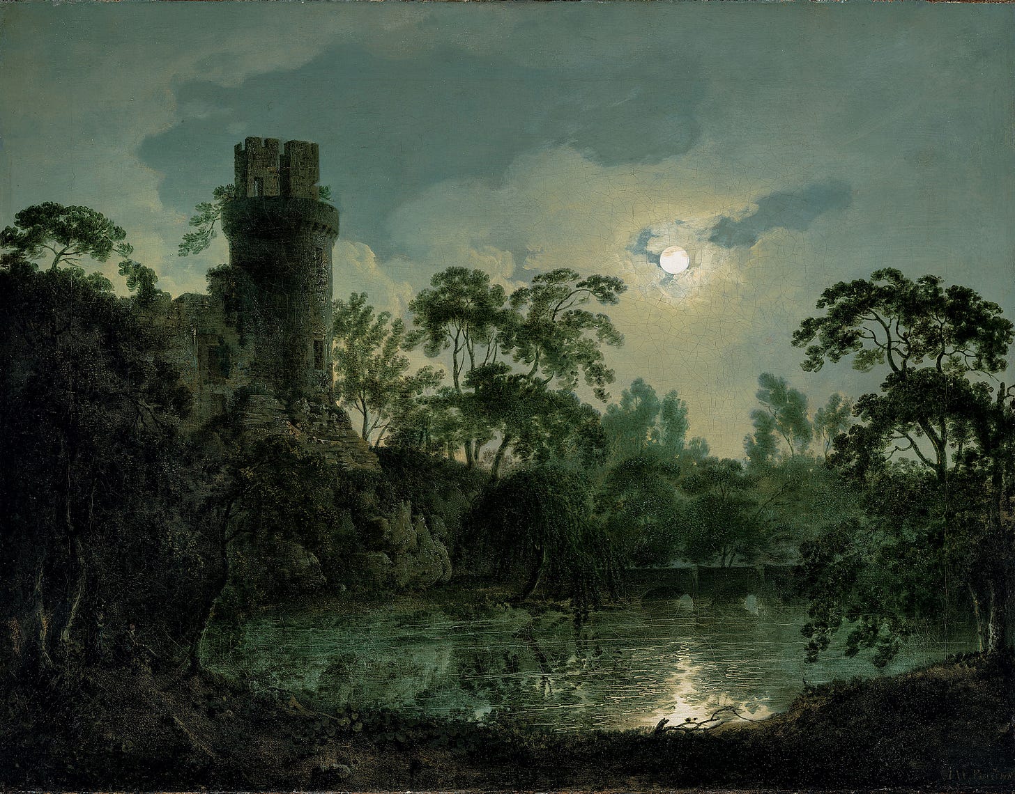 Moody landscape painting depicting a moonlit scene of a lake and verdant trees, with a castle tower visible at left