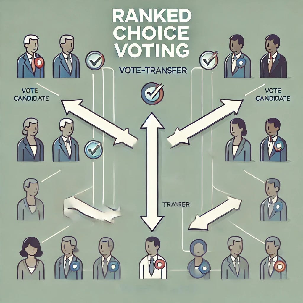 An illustrative image depicting the concept of Ranked Choice Voting (RCV), with a series of ranked candidates arranged in order. Arrows between candidates show a vote-transfer process where votes move from one candidate to the next based on ranking preference. The text 'Ranked Choice Voting' is displayed clearly, representing a fair and organized voting reform process. The background is clean and minimalist to maintain focus on the voting mechanics.