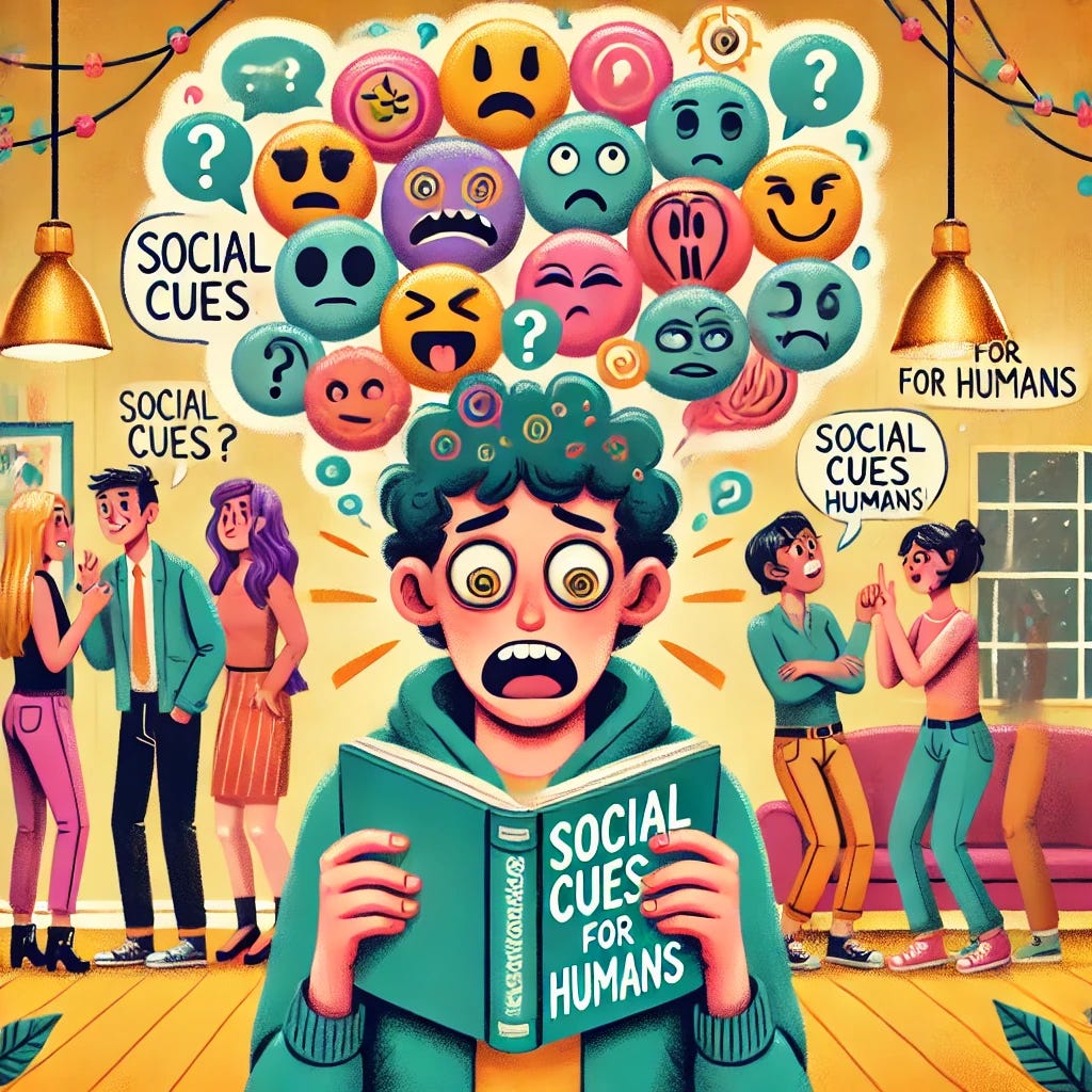 A colorful and whimsical illustration of a neurodivergent character trying to decode social cues in a humorous setting. The character is surrounded by floating icons like speech bubbles, question marks, and exclamation points, while looking at a comically oversized guidebook titled 'Social Cues for Humans.' In the background, a group of people is interacting, some with exaggerated expressions of confusion, laughter, or subtle gestures like eye rolls. The setting is lighthearted and inviting, emphasizing humor and understanding.