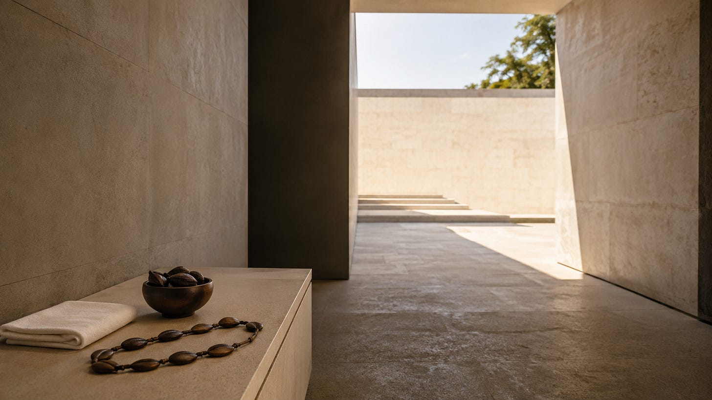 A contemporary architectural passage leading from shadow into warm light, with a folded white cloth, a vessel holding ikin and an ọ̀pẹ̀lẹ̀ on a simple bench. A contemporary architectural passage leading from shadow into warm light, with a folded white cloth, a vessel holding ikin and an ọ̀pẹ̀lẹ̀ on a simple bench.