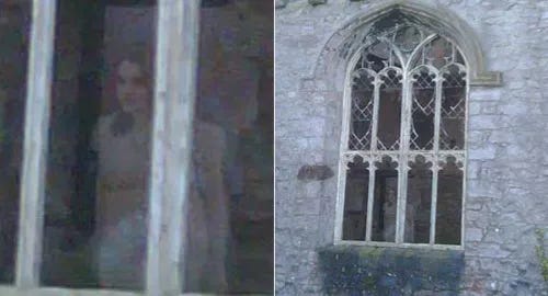 A photo of an ornate window with a girl looking out, next to a close up of the same photo.