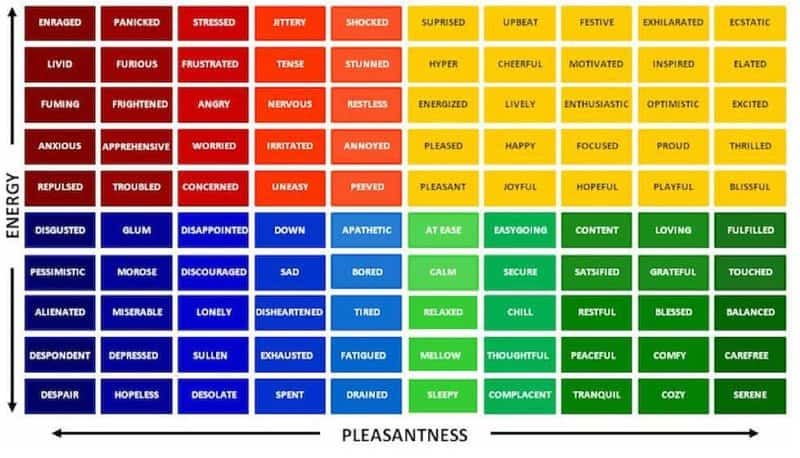 Four quadrants of moods ranging from red (high energy unpleasnt), yellow, high energy (pleasant), blue, low energy (unpleasant) to green, low energy (pleasant.)