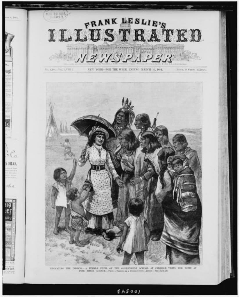Educating the Indians--a female pupil of the government school at Carlisle  visits her home at Pine Ridge Agency / from a sketch by a corresponding  artist. - b&w film copy neg. |