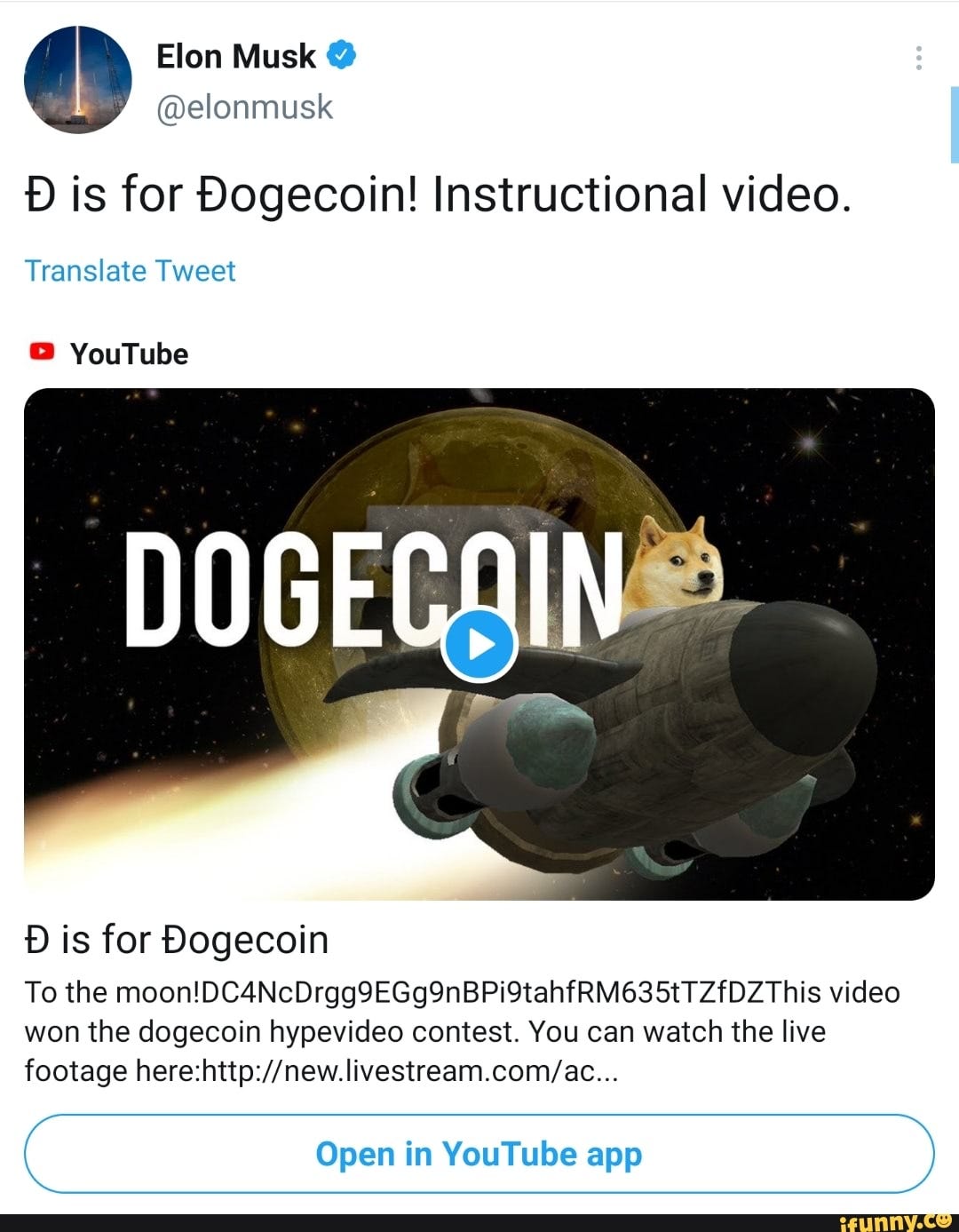 Elon Musk @ @elonmusk D is for Dogecoin! Instructional video. Translate  Tweet YouTube DOGECAIN D is for