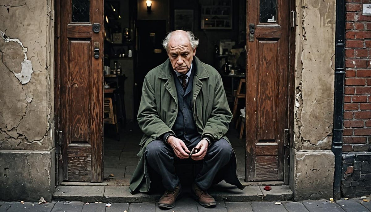 Old man, dejected, sitting in rundown doorway Old man, dejected, sitting in rundown doorway