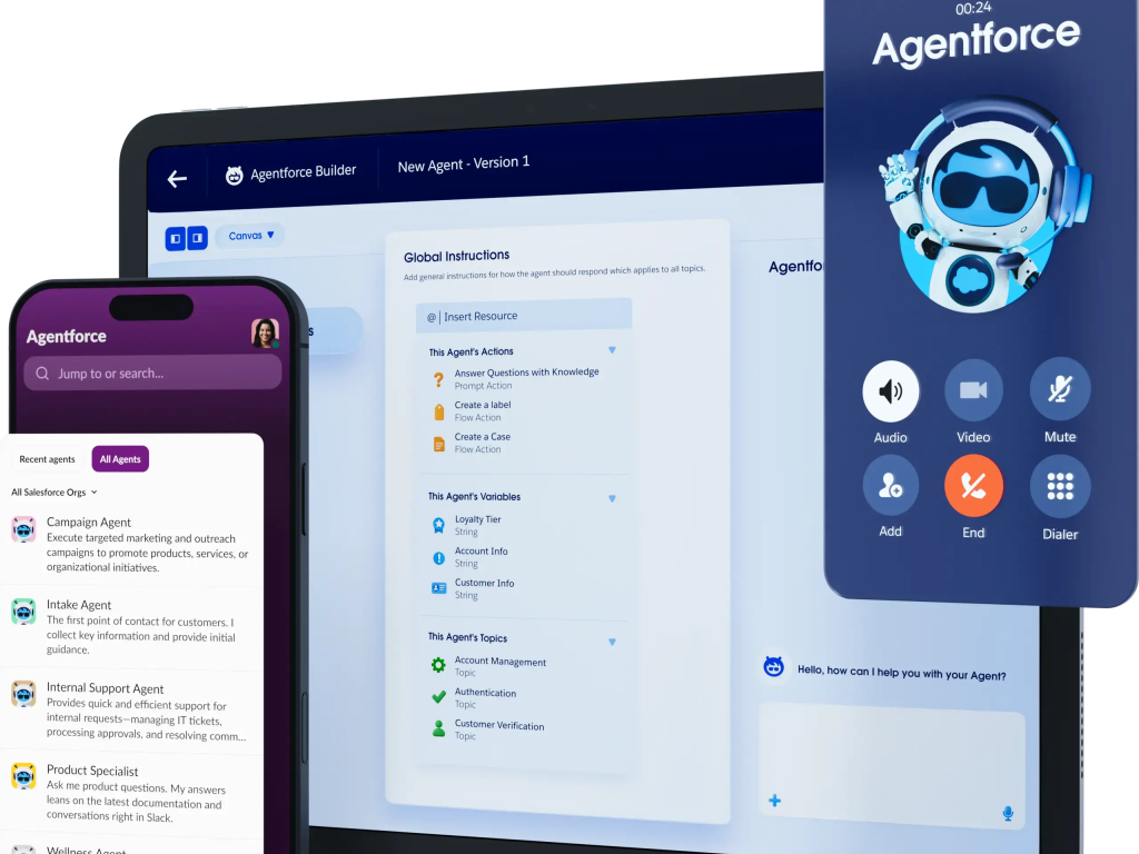 A screen displays restaurant reservations and customer service agent support.