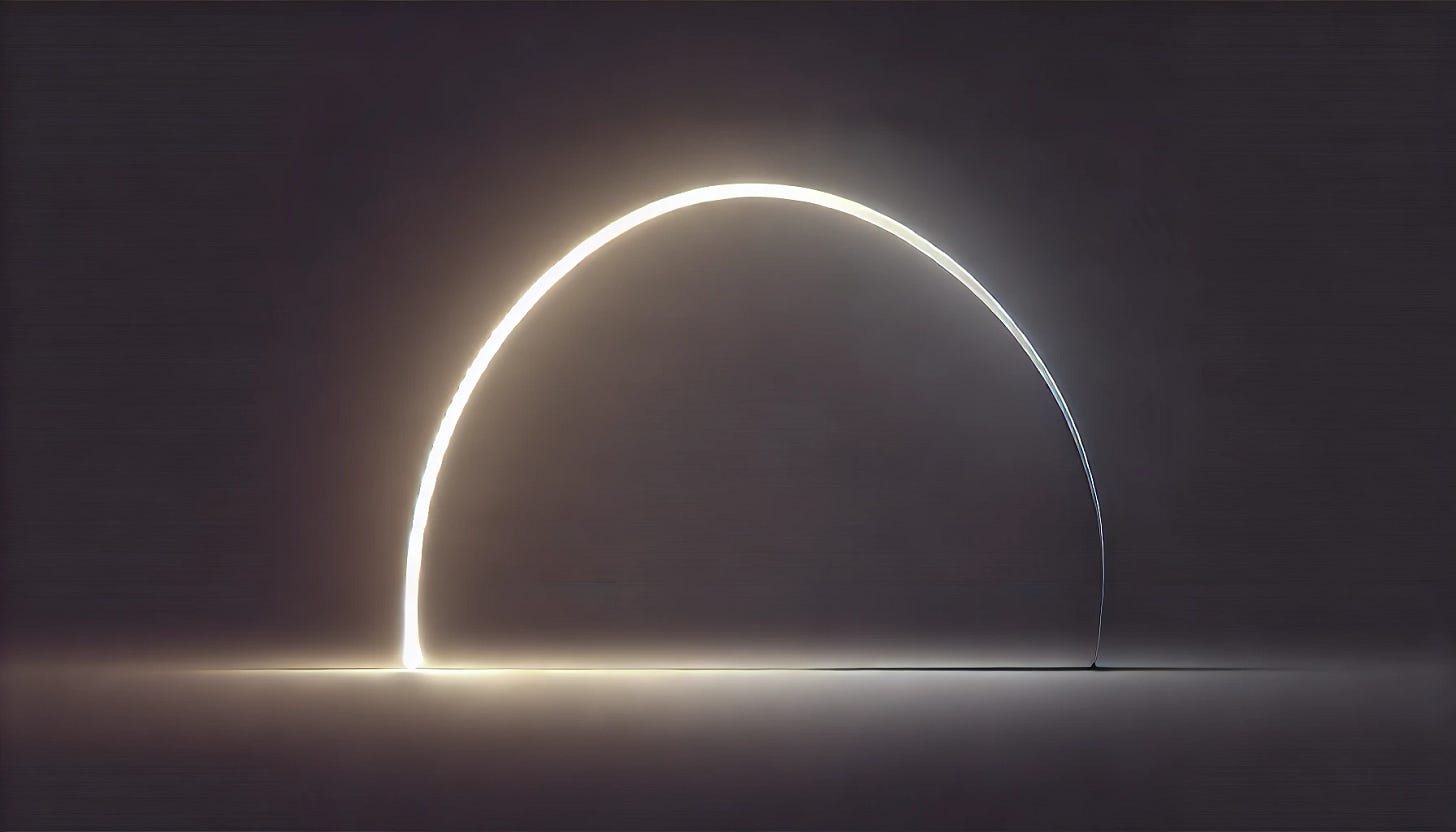 A simple, minimalist conceptual image illustrating 'the arc bending toward truth.' Depict a smooth, continuous, elegant curve clearly transitioning from dark shades to bright illumination, symbolizing the progression from confusion and misinformation into clarity and truth. Maintain a clean, modern, and balanced aesthetic without any text or complex imagery. Ensure the curve is fluid and unbroken, capturing a sense of gradual illumination.