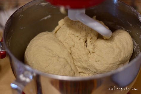 photos of peach cake dough rise and sliced peaches