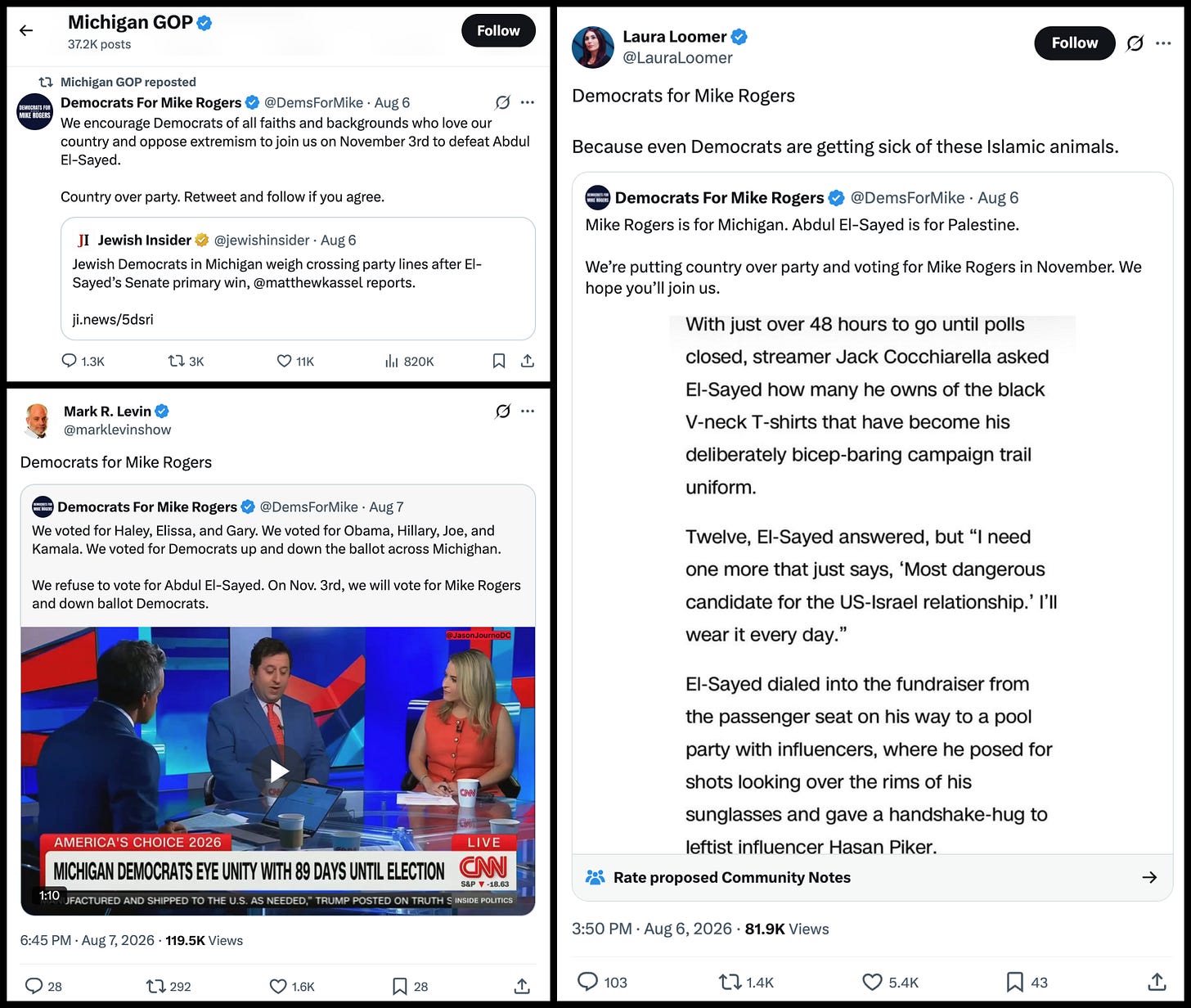 collage of early amplification of @DemsForMike by Islamophobic influencer Laura Loomer, right-wing talk show host host Mark Levin, and the Michigan GOP collage of early amplification of @DemsForMike by Islamophobic influencer Laura Loomer, right-wing talk show host host Mark Levin, and the Michigan GOP