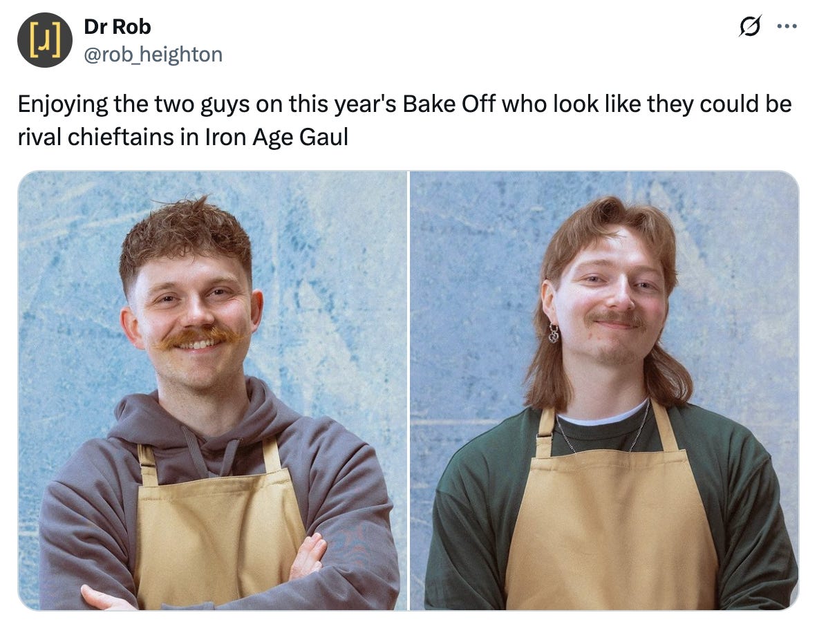 A tweet from @rob_heighton that reads "Enjoying the two guys on this year's Bake Off who look like they could be rival chieftains in Iron Age Gaul" and features two contestants with red hair