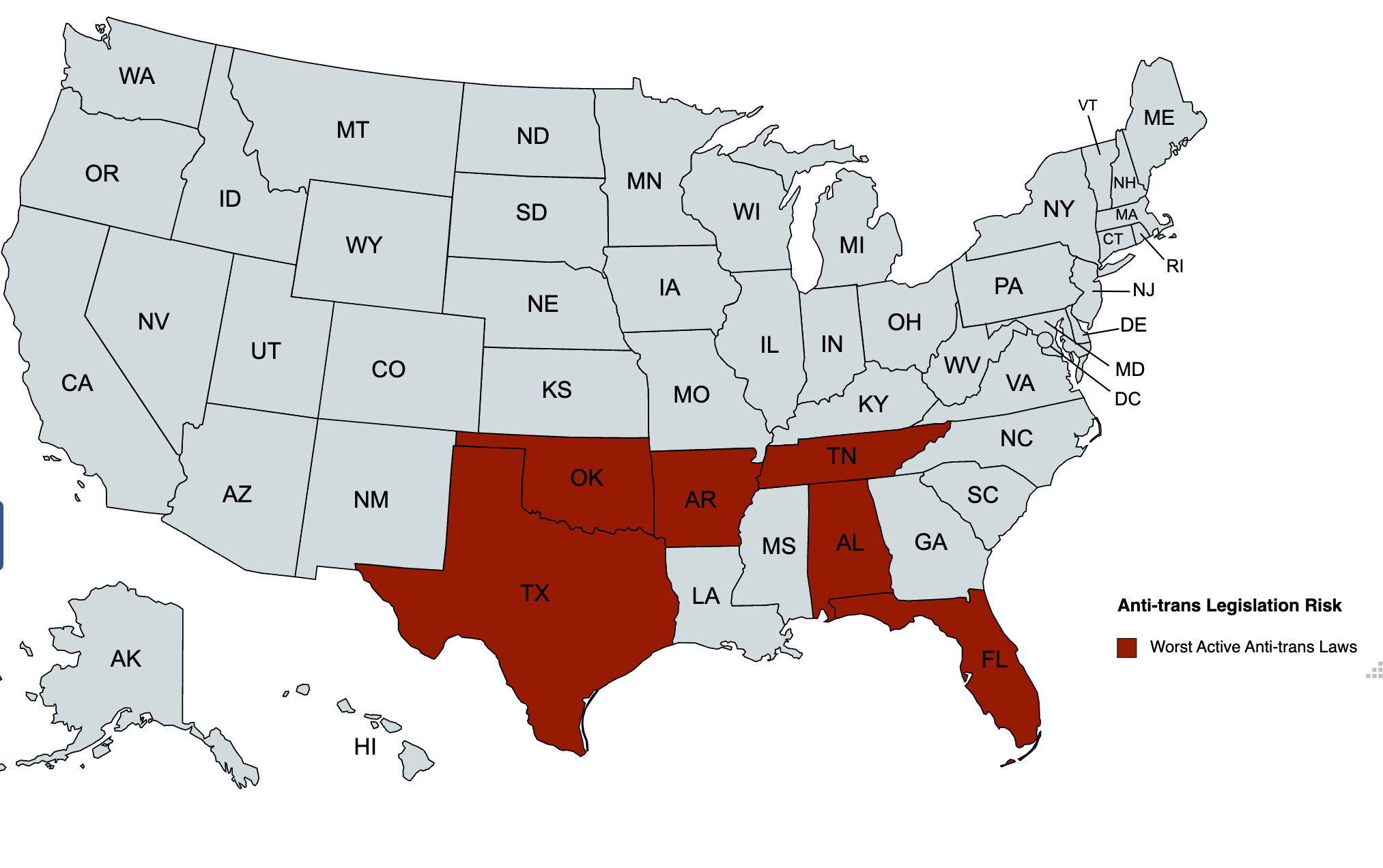 High Risk State Updated Anti-trans Legislative Risk Assessment Map