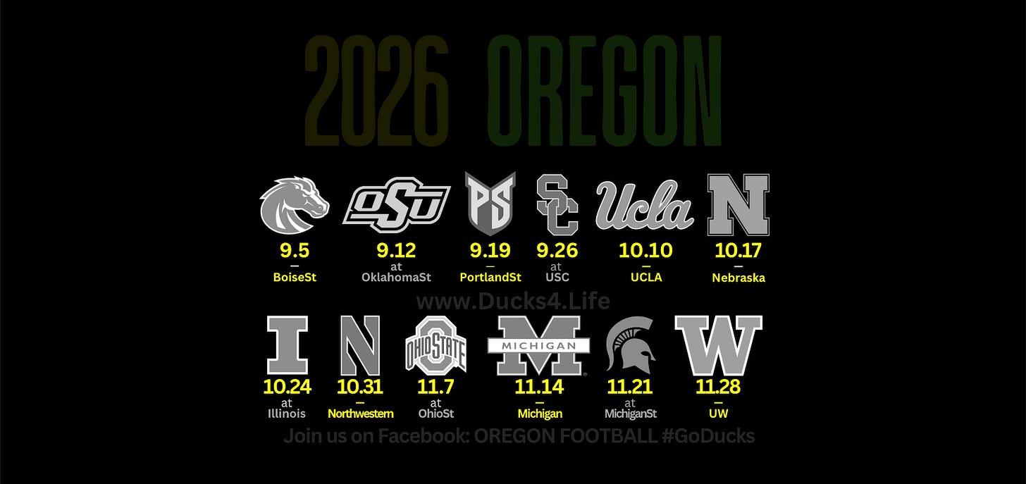 2026 Oregon Ducks football schedule graphic featuring Boise State, Oklahoma State, USC, UCLA, Nebraska, Ohio State, Michigan, Michigan State and Washington. Deals on seats, fan gear, and premium Oregon Ducks football coverage at www.Ducks4.Life 2026 Oregon Ducks football schedule graphic featuring Boise State, Oklahoma State, USC, UCLA, Nebraska, Ohio State, Michigan, Michigan State and Washington. Deals on seats, fan gear, and premium Oregon Ducks football coverage at www.Ducks4.Life