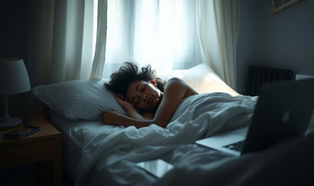 Person lying in bed in soft morning light, half-awake but exhausted, symbolizing early signs of burnout. Person lying in bed in soft morning light, half-awake but exhausted, symbolizing early signs of burnout.