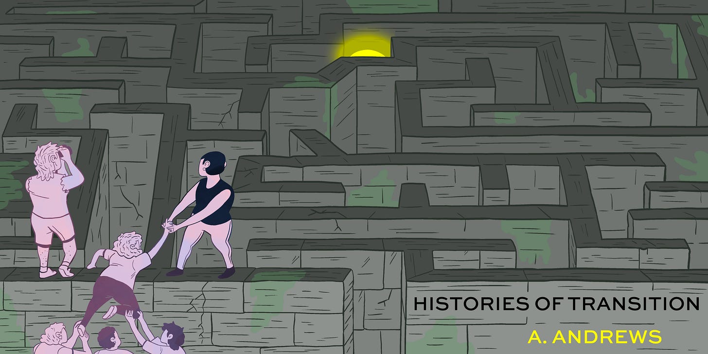 Drawing of a group of people helping each other over a labyrinth