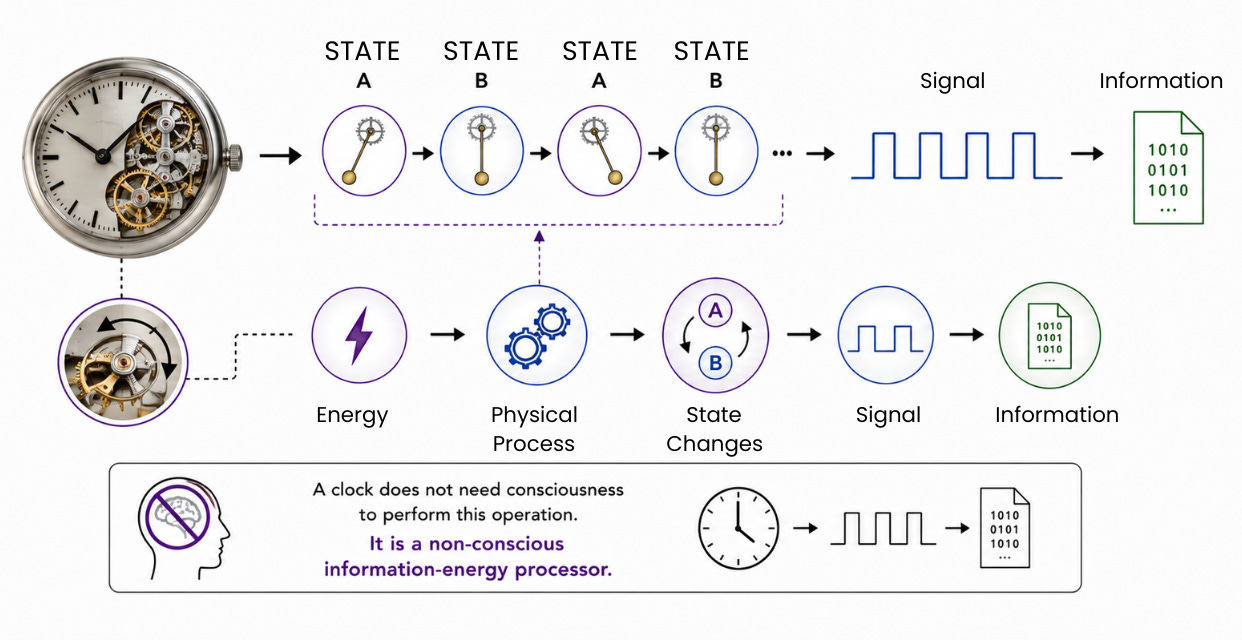 Diagram showing a mechanical clock as a non-conscious information-energy processor. Energy drives a physical process, producing alternating states A and B. Repeated state changes generate a signal, which is converted into information. The sequence is shown as energy → physical process → state changes → signal → information, with a separate illustration showing the clock’s mechanism cycling through successive states.