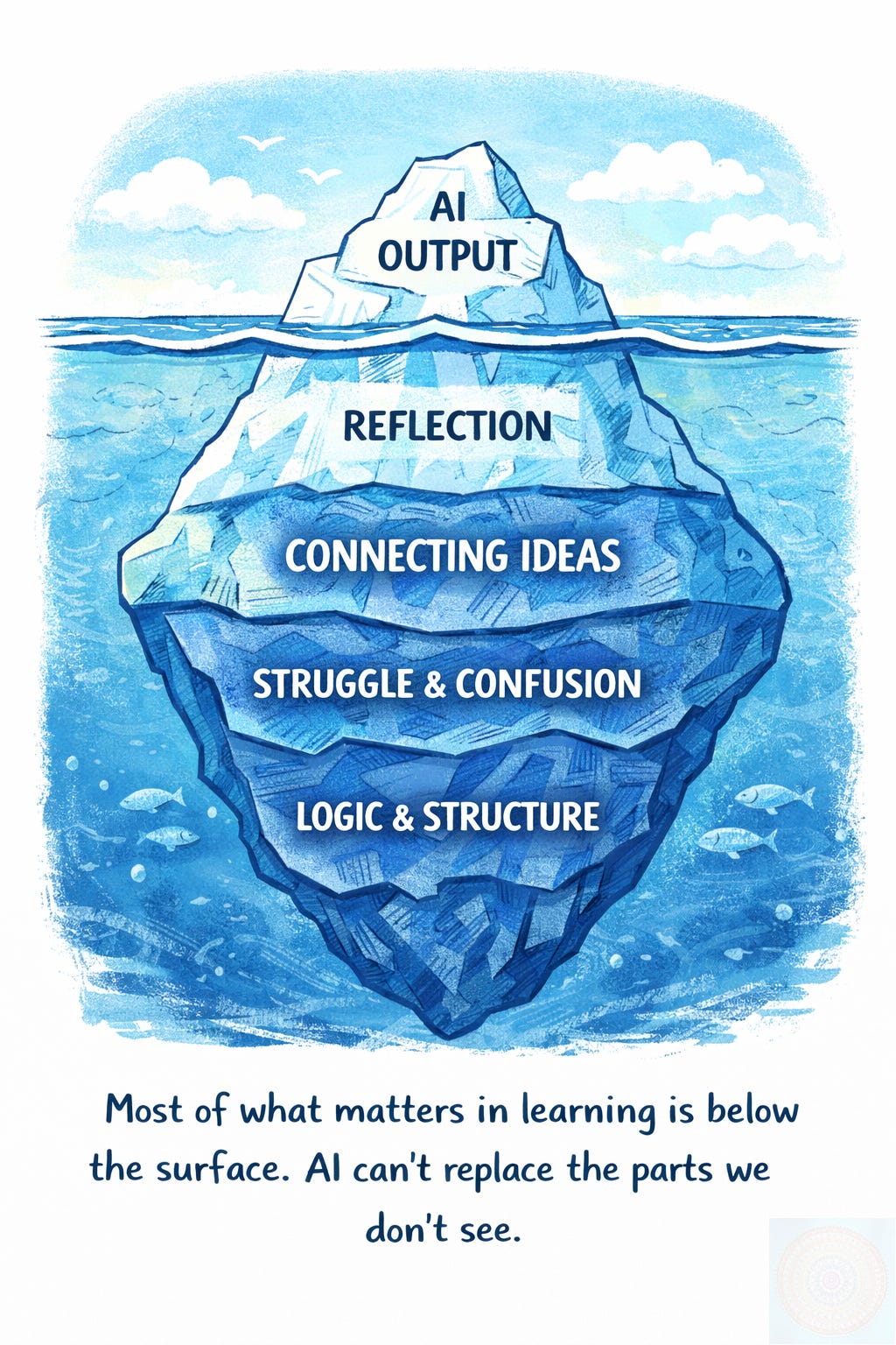 Illustration of a learning iceberg metaphor, showing AI output above water and deeper thinking processes like reflection, connection, and logic below the surface.