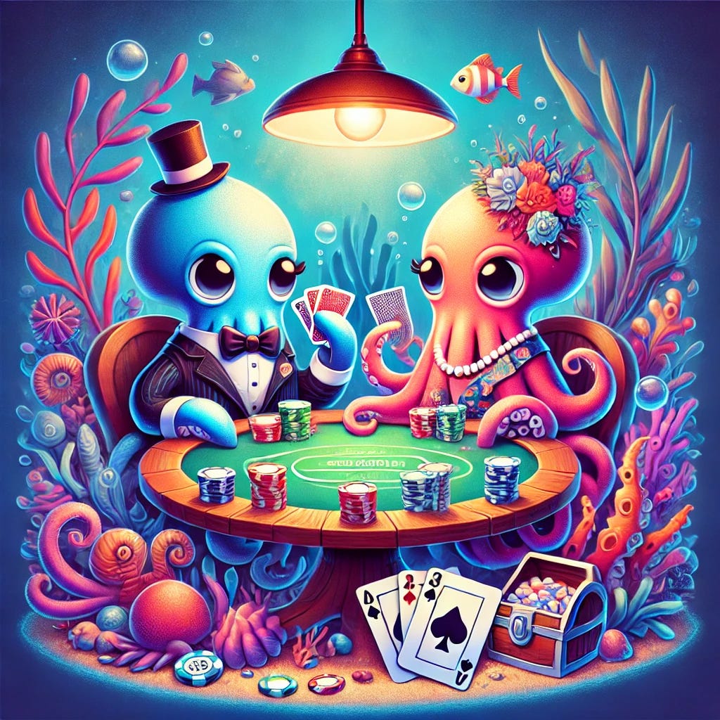 A vibrant and whimsical underwater cartoon illustration featuring two octopi dressed as humans, sitting at a poker table under the sea. One octopus is wearing a suit with a bow tie, and the other is dressed in a floral dress with pearls. They are holding playing cards with their tentacles and surrounded by colorful sea life, including coral, fish, and bubbles. The poker table is detailed with poker chips, cards, and a small treasure chest in the background. The lighting has a soft blue underwater glow, creating a fun and lively atmosphere.