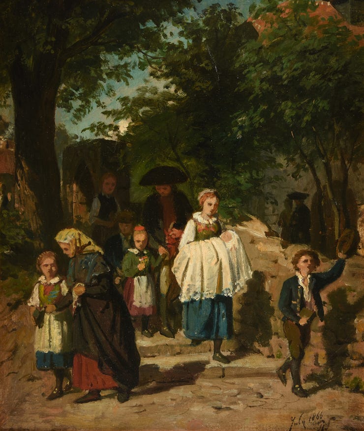'Uitgaan van de kerk' - Papier op paneel: Philip Sadée (kavel 63)