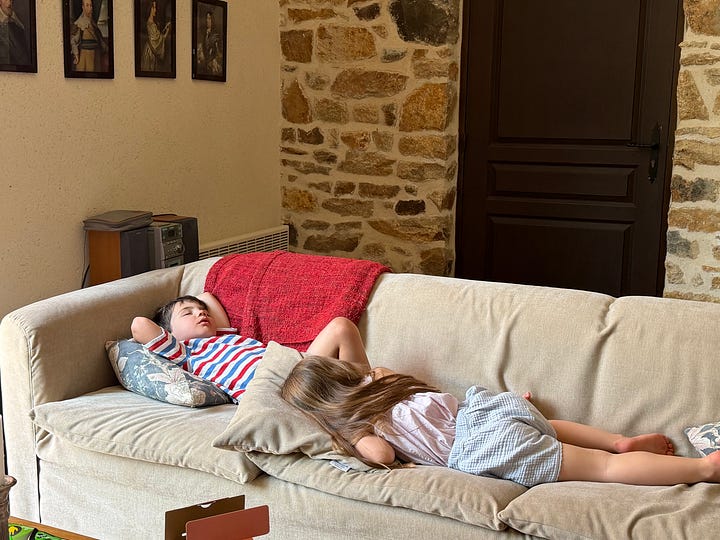Two photos side by side. On the left, three children swim in a rectangular in-ground pool ringed by stone paving and flowering shrubs, one floating in a red-and-white ring float. On the right, two children nap on a beige sofa against an exposed stone wall hung with framed portraits, a red blanket draped behind them.