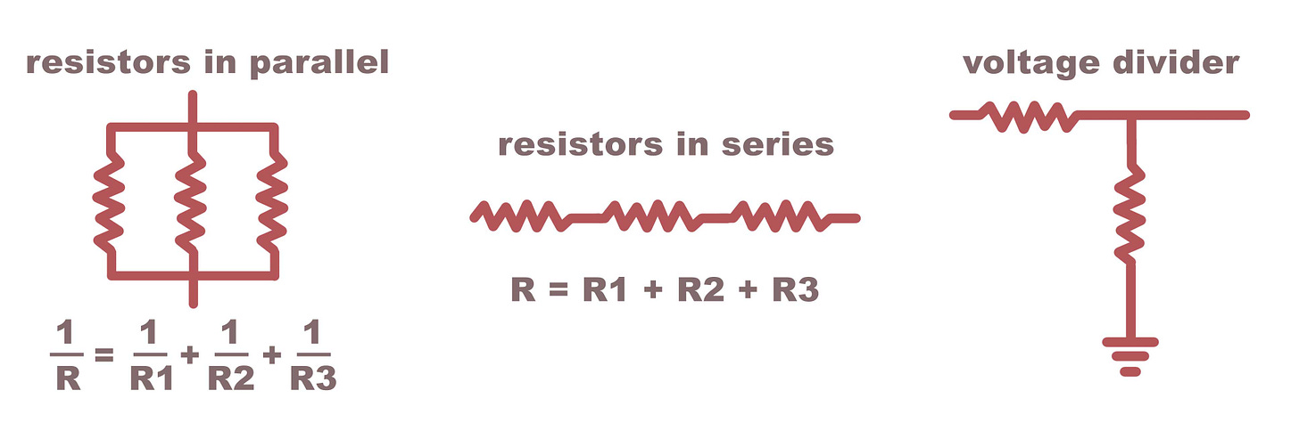 Schematic diagram of resistors in parallel, resistors in series, and a voltage divider