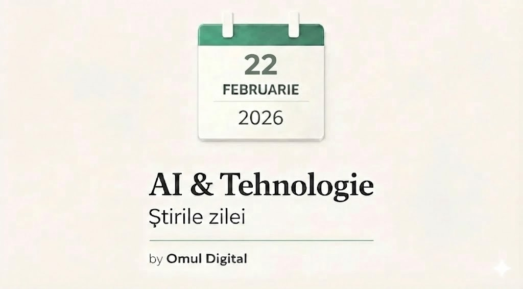 Vizual editorial pentru știri zilnice despre AI și tehnologie, cu un calendar minimalist care afișează data curentă, titlul «AI & Tehnologie – Știrile zilei» și branding discret Omul Digital, pe fundal deschis și curat. Vizual editorial pentru știri zilnice despre AI și tehnologie, cu un calendar minimalist care afișează data curentă, titlul «AI & Tehnologie – Știrile zilei» și branding discret Omul Digital, pe fundal deschis și curat.