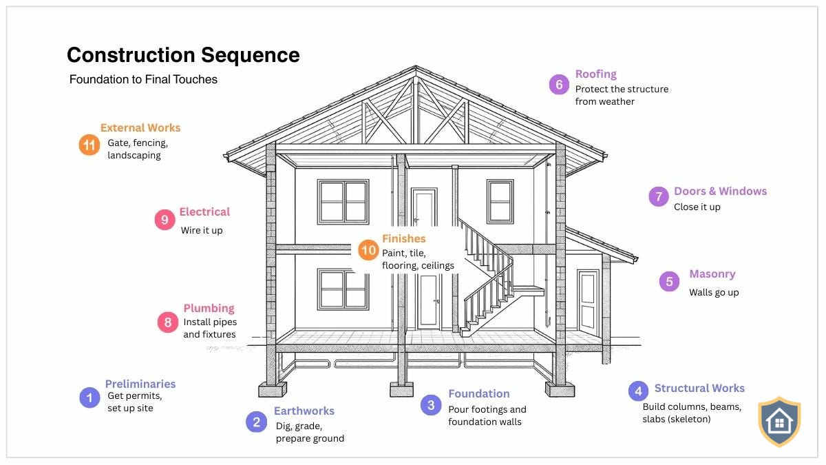 Cutaway house illustration showing 11 construction phases from foundation to external works, numbered and labeled with descriptions
