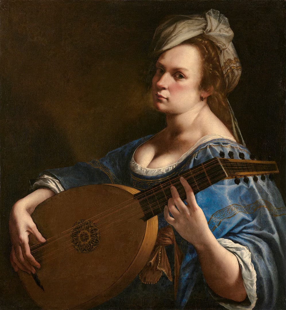 A self-portrait by Artemisia Gentileschi playing a lute. Her hair is loosely wrapped in a turban while he is wrapped in a blue cloth with white underlay that exposes her décollété. She gazes proudly outward as her hands prepare to play a note from the lute she is holding.