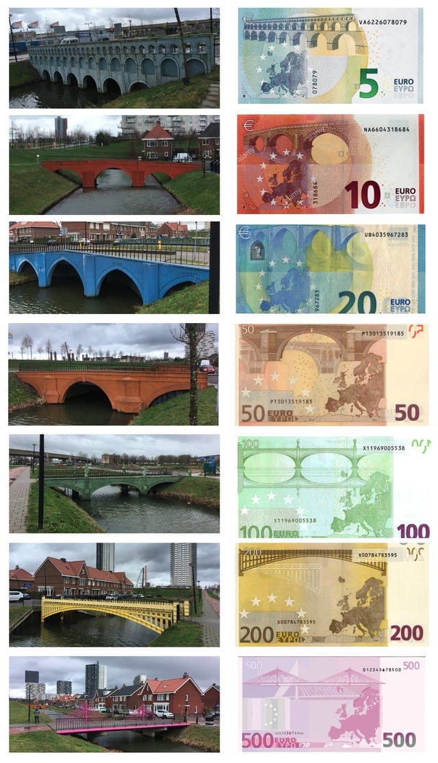 r/europe - a collage of money and a bridge