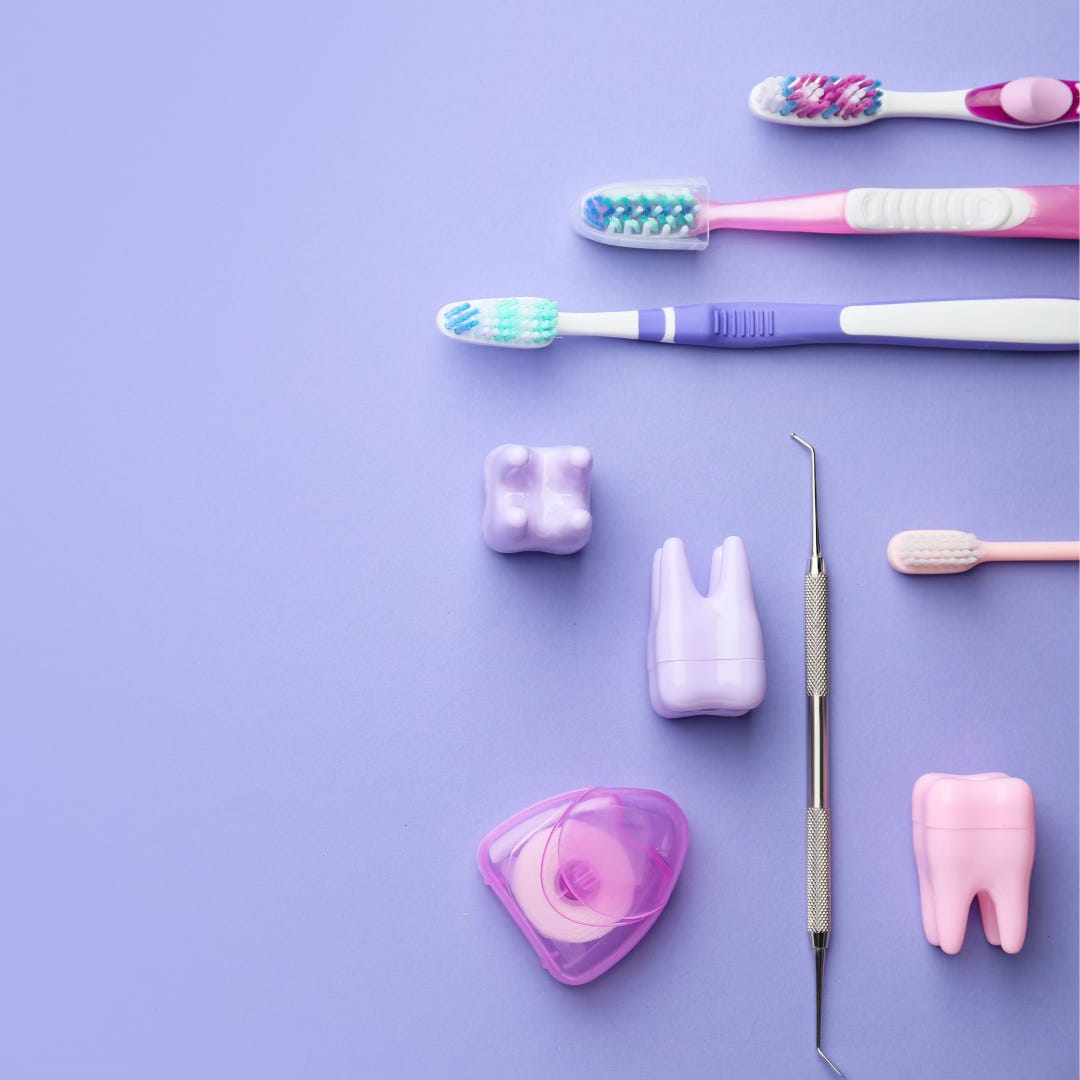 Set of oral care hygiene supplies like floss and toothbrushes on the right side of the image over a purple background
